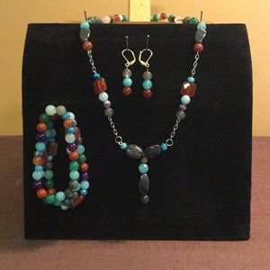 Beaded necklace, earrings and bracelet